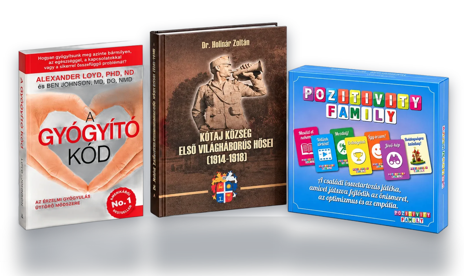 Nálunk készült kiadványok: puhatáblás könyv, keménytáblás könyv és társasjáték-doboz